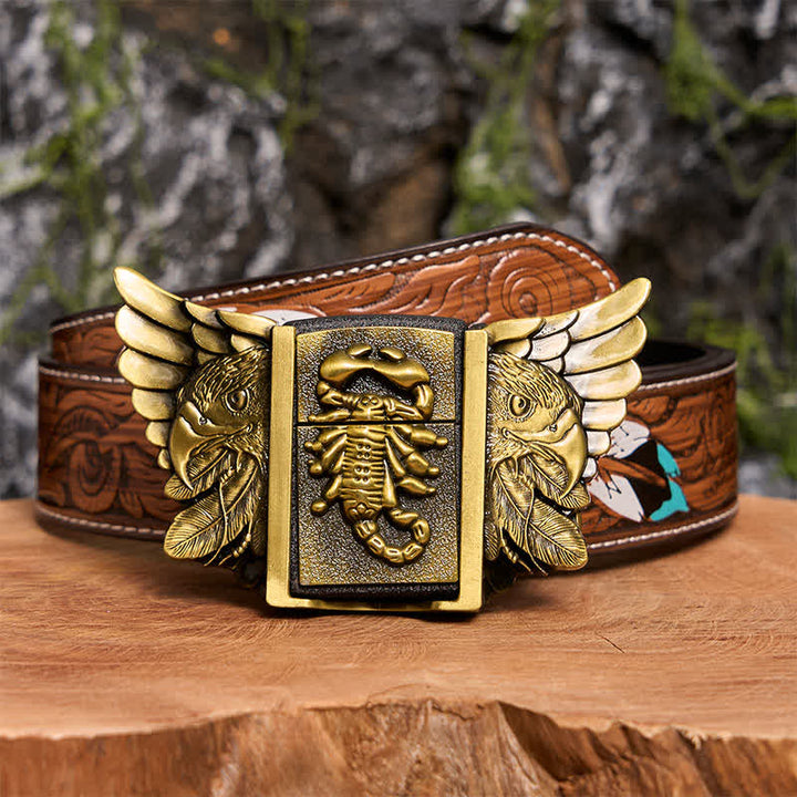 Men's DIY Bronze Scopion & Eagle Leather Belt With Hidden Lighter - Scopion & Eagle - Brown Feather Belt - 40 - image 10