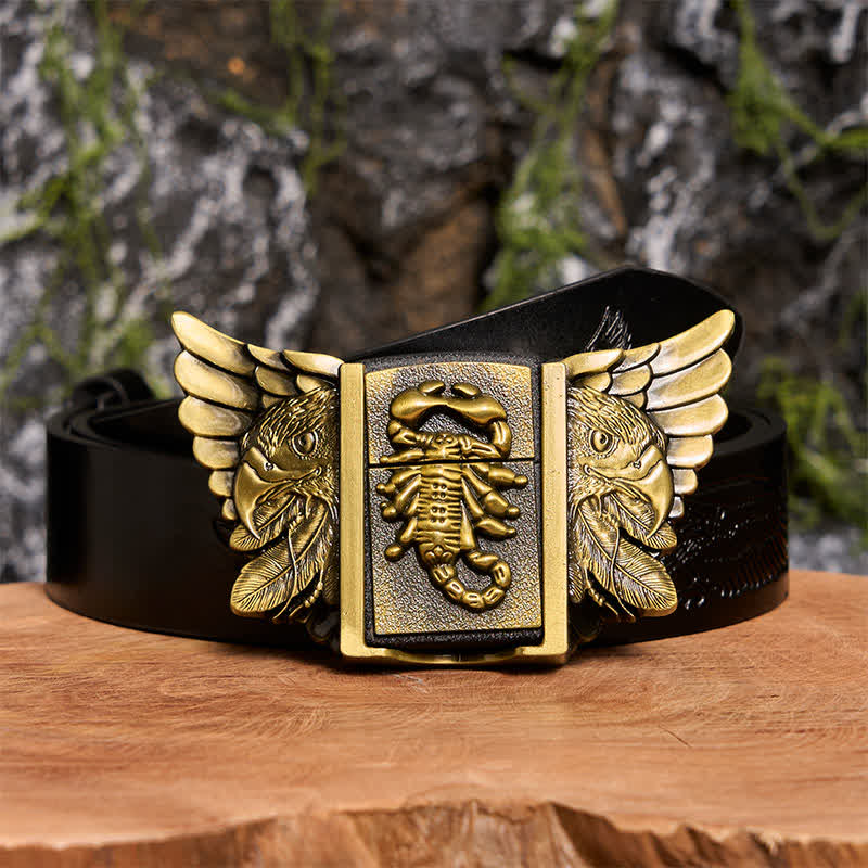 Men's DIY Bronze Scopion & Eagle Leather Belt With Hidden Lighter - Scopion & Eagle - Black Embossed Eagle Belt - 42 - image 3
