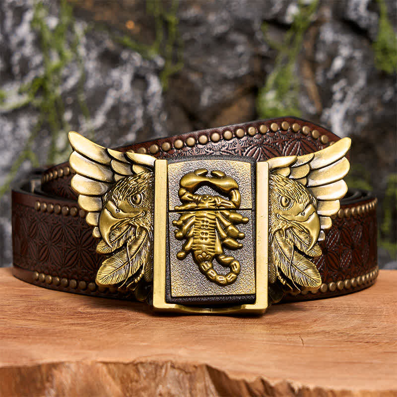 Men's DIY Bronze Scopion & Eagle Leather Belt With Hidden Lighter - Scopion & Eagle - Brown Rivet Belt - 42 - image 8