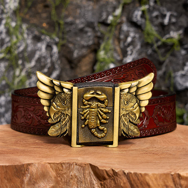 Men's DIY Bronze Scopion & Eagle Leather Belt With Hidden Lighter - Scopion & Eagle - Brown Carved Belt - 42 - image 9