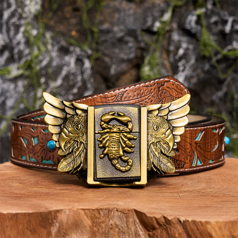 Men's DIY Bronze Scopion & Eagle Leather Belt With Hidden Lighter - Scopion & Eagle - Turquoise Carved Belt - 42 - image 6