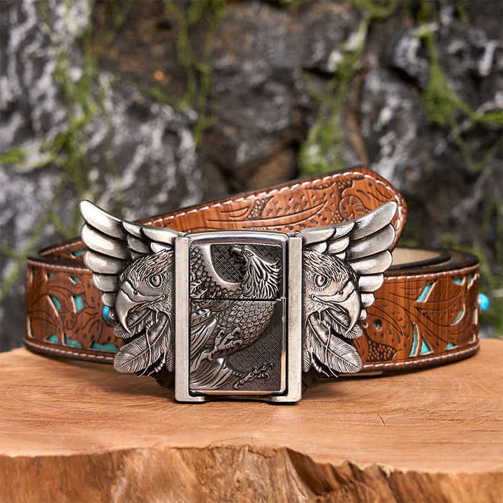 Men's DIY Silver Vulture Leather Belt with Hidden Lighter - Vulture - Turquoise Carved Belt - 42 - image 7