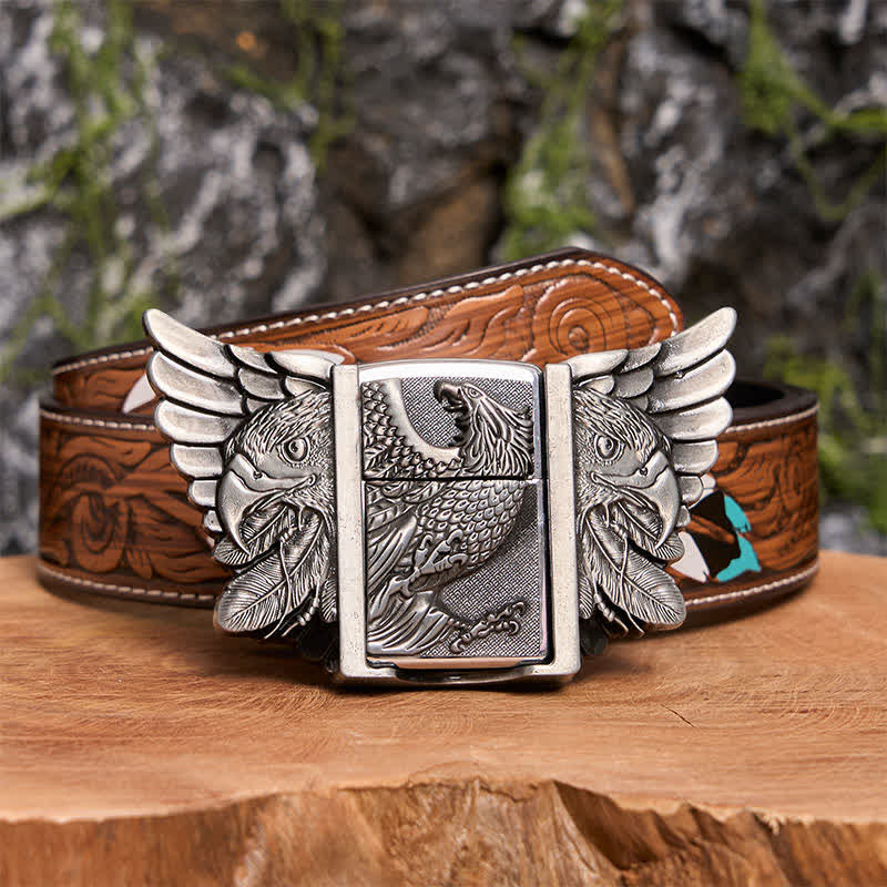 Men's DIY Silver Vulture Leather Belt with Hidden Lighter - Vulture - Brown Feather Belt - 40 - image 11
