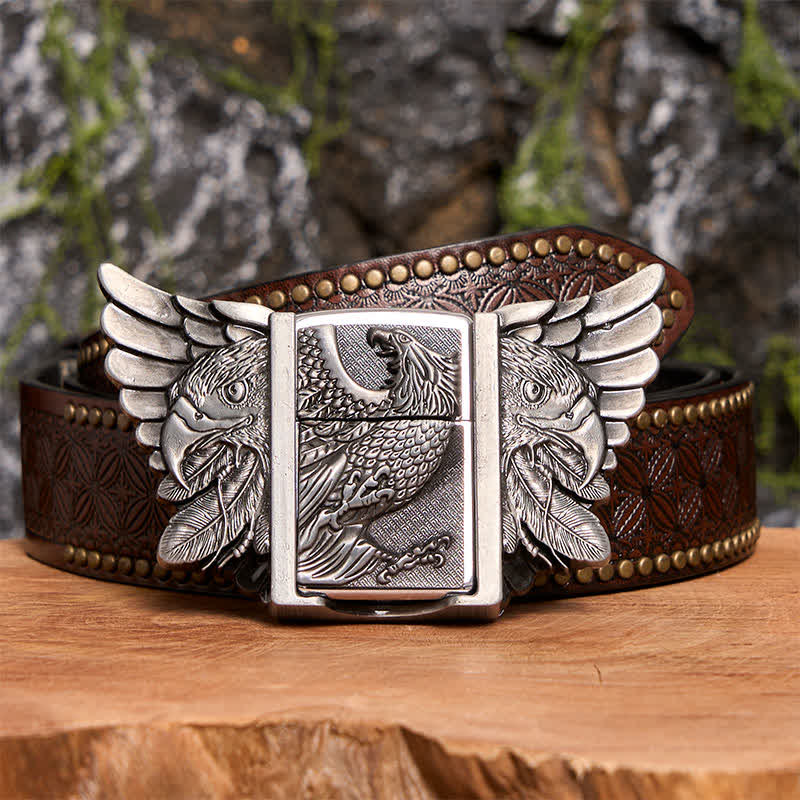 Men's DIY Silver Vulture Leather Belt with Hidden Lighter - Vulture - Brown Rivet Belt - 42 - image 8
