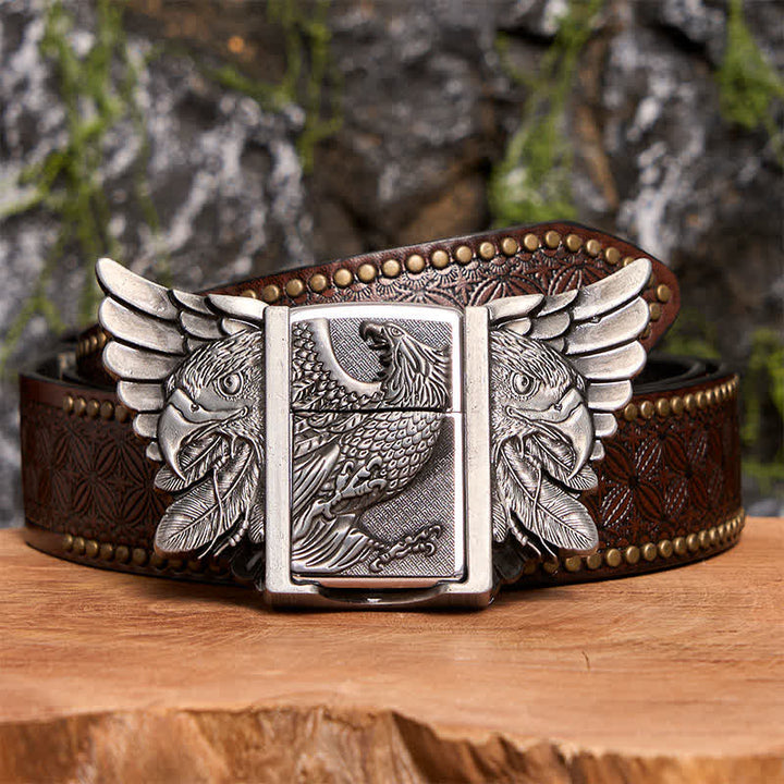 Men's DIY Silver Vulture Leather Belt with Hidden Lighter - Vulture - Brown Rivet Belt - 42 - image 8
