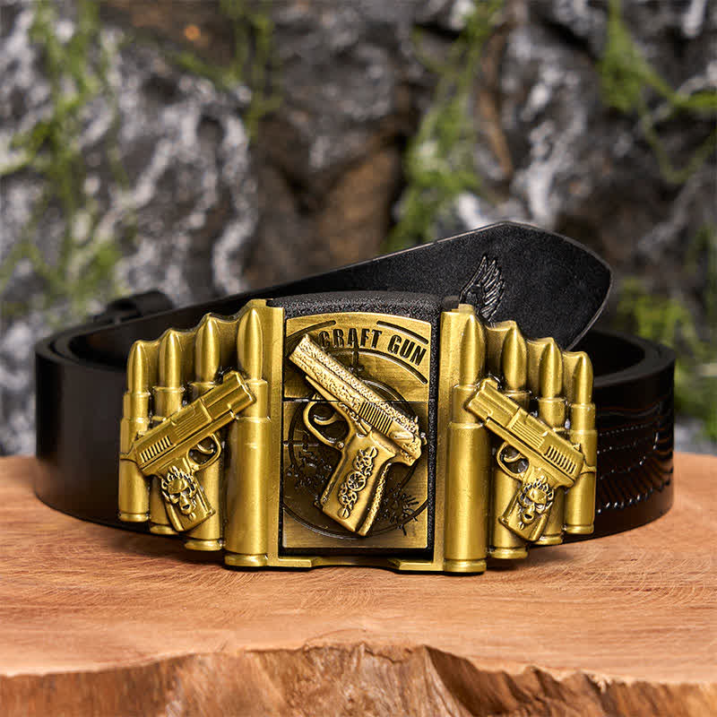 Men's DIY Bronze Gun & Bullet Pattern Leather Belt with Hidden Lighter - Gun - Black Embossed Eagle Belt - 42 - image 3