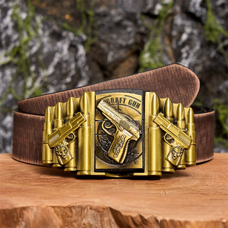 Men's DIY Bronze Gun & Bullet Pattern Leather Belt with Hidden Lighter - Gun - Brown Distressed Belt - 42 - image 9
