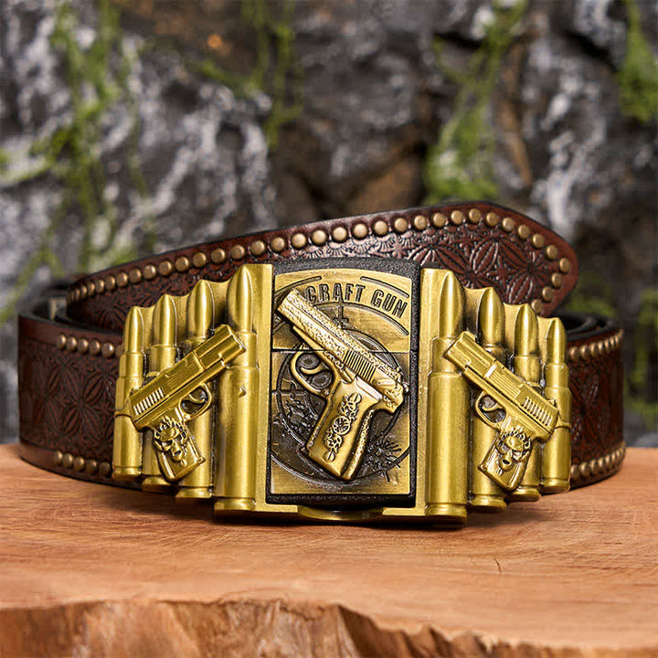 Men's DIY Bronze Gun & Bullet Pattern Leather Belt with Hidden Lighter - Gun - Brown Rivet Belt - 42 - image 8