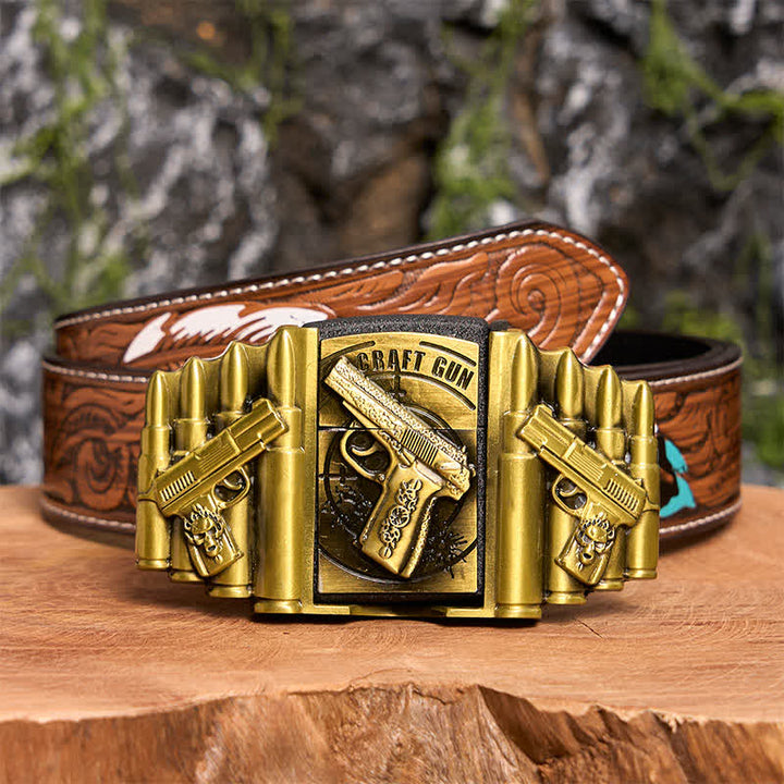 Men's DIY Bronze Gun & Bullet Pattern Leather Belt with Hidden Lighter - Gun - Brown Feather Belt - 40 - image 11