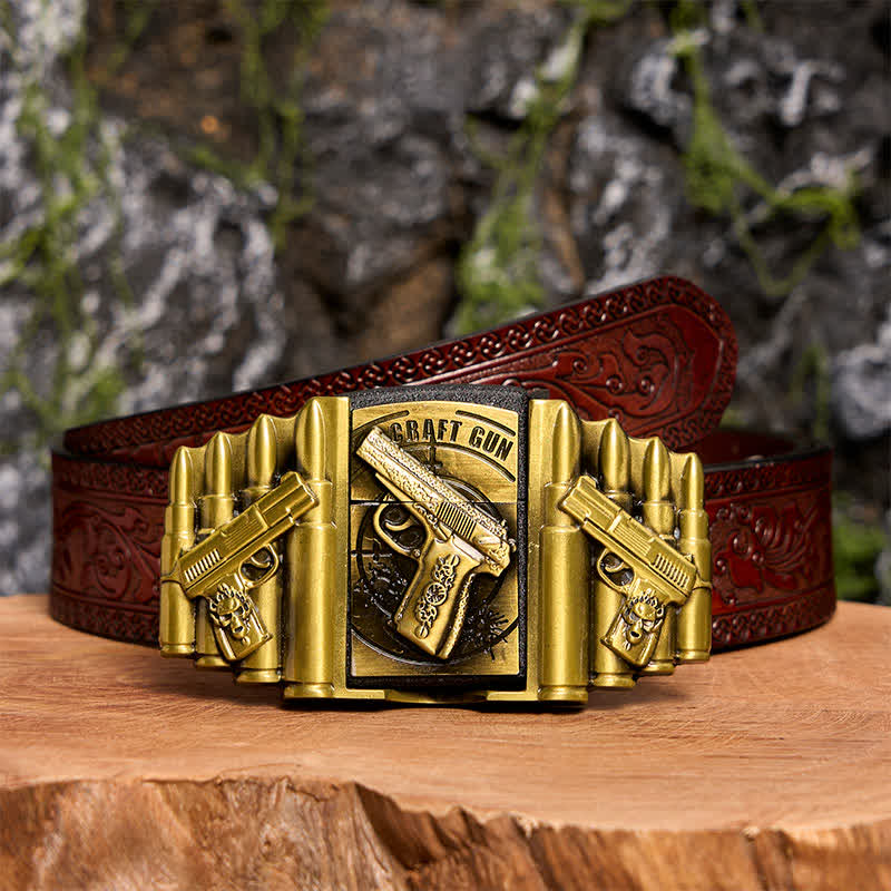 Men's DIY Bronze Gun & Bullet Pattern Leather Belt with Hidden Lighter - Gun - Brown Carved Belt - 42 - image 10