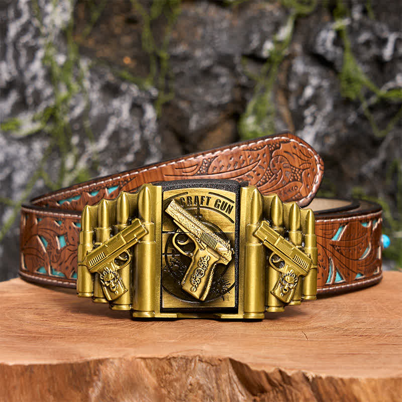Men's DIY Bronze Gun & Bullet Pattern Leather Belt with Hidden Lighter - Gun - Turquoise Carved Belt - 42 - image 7