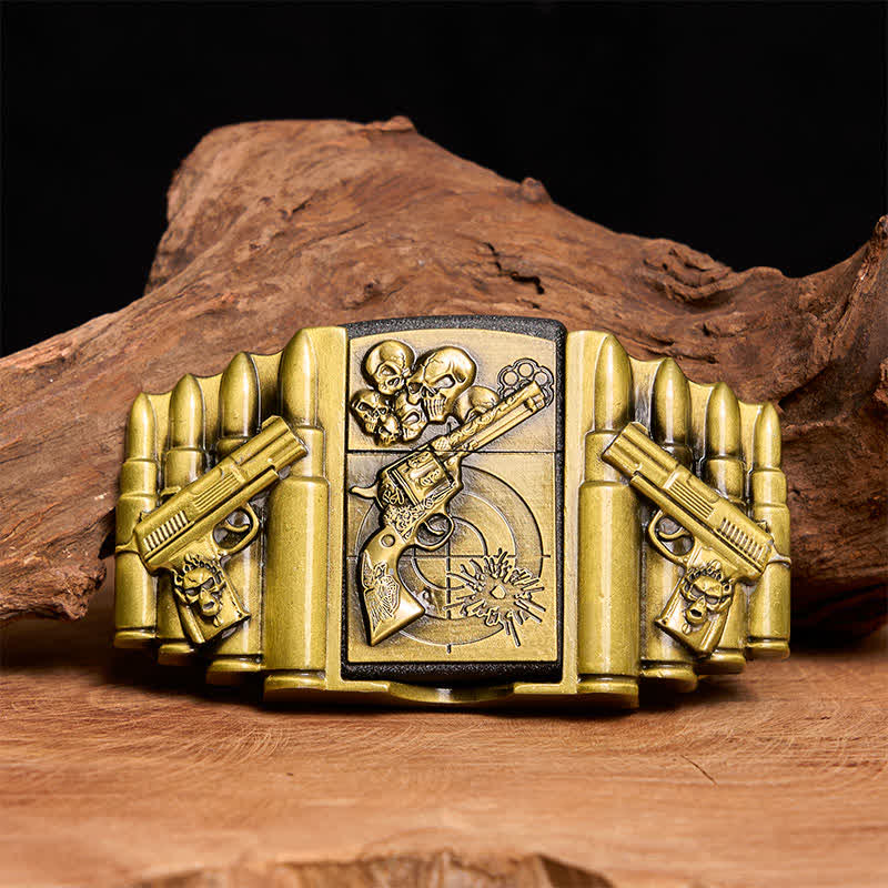 Men's DIY Bronze Gun & Skull Pattern Leather Belt with Hidden Lighter -  Gun & Skull - Without Belt - Not Included Belt - image 1