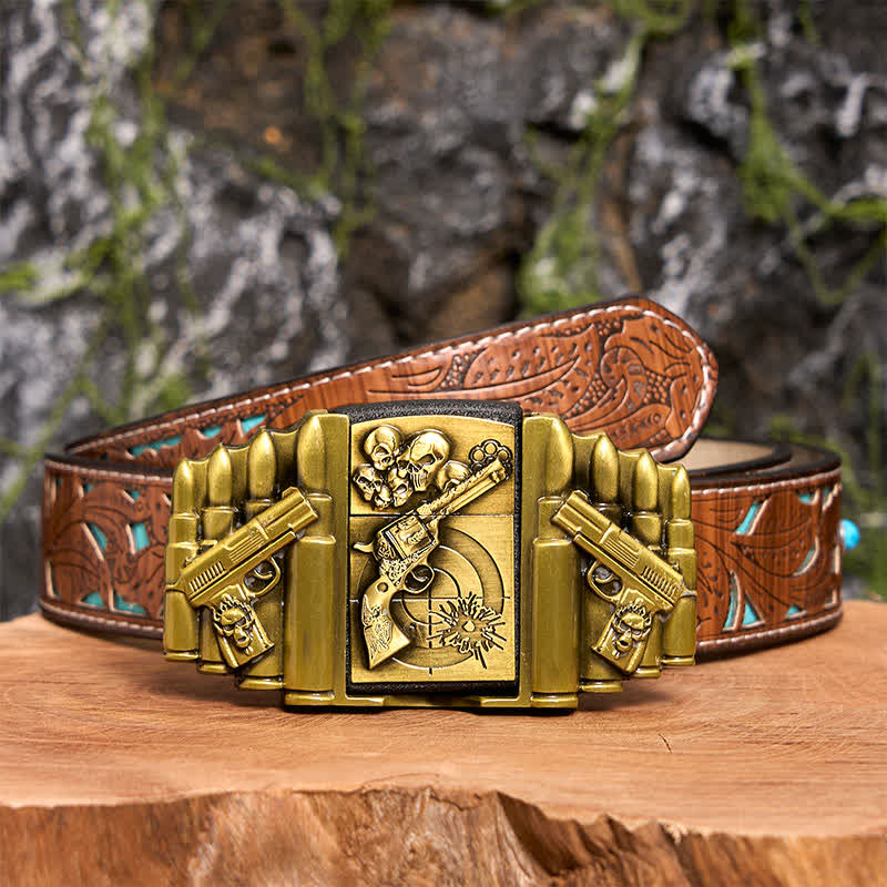 Men's DIY Bronze Gun & Skull Pattern Leather Belt with Hidden Lighter -  Gun & Skull - Turquoise Carved Belt - 42 - image 6