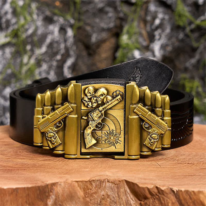 Men's DIY Bronze Gun & Skull Pattern Leather Belt with Hidden Lighter -  Gun & Skull - Black Embossed Eagle Belt - 42 - image 2