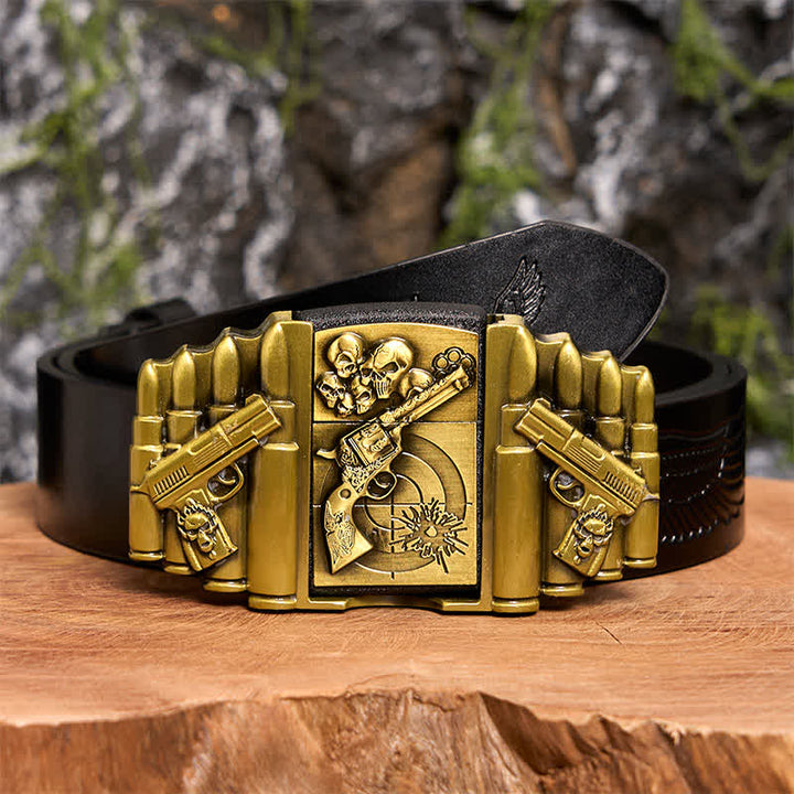 Men's DIY Bronze Gun & Skull Pattern Leather Belt with Hidden Lighter -  Gun & Skull - Black Embossed Eagle Belt - 42 - image 2