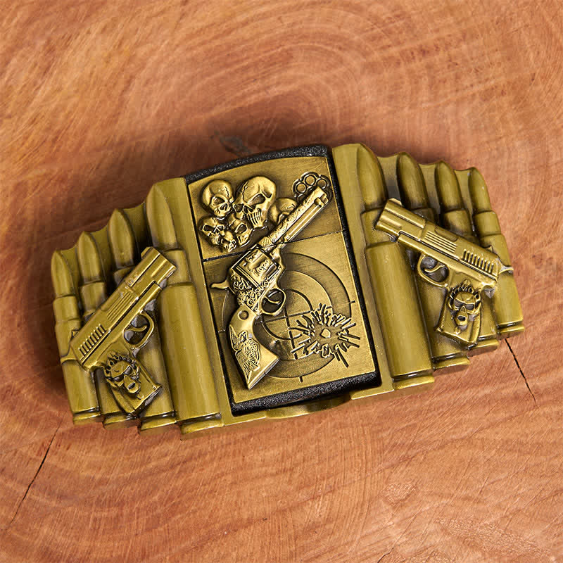 Men's DIY Bronze Gun & Skull Pattern Leather Belt with Hidden Lighter - image 4