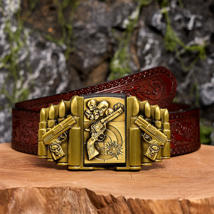 Men's DIY Bronze Gun & Skull Pattern Leather Belt with Hidden Lighter -  Gun & Skull - Brown Carved Belt - 42 - image 9