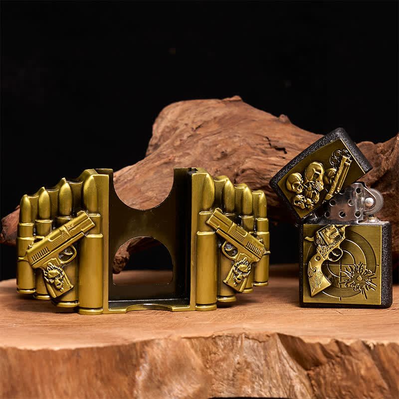 Men's DIY Bronze Gun & Skull Pattern Leather Belt with Hidden Lighter - image 1