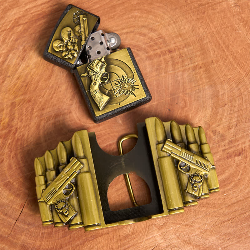 Men's DIY Bronze Gun & Skull Pattern Leather Belt with Hidden Lighter - image 5