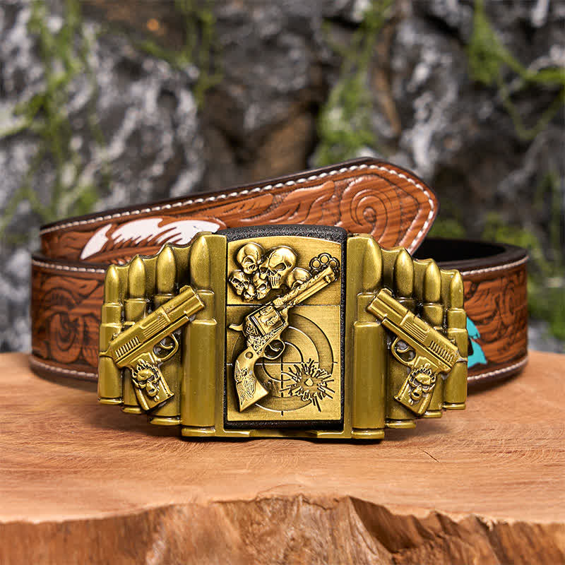 Men's DIY Bronze Gun & Skull Pattern Leather Belt with Hidden Lighter -  Gun & Skull - Brown Feather Belt - 40 - image 11