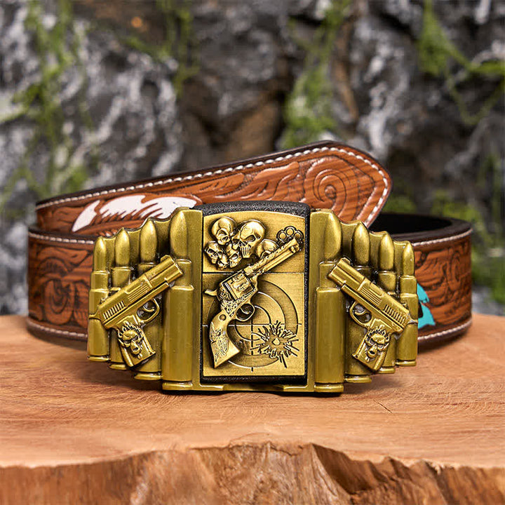 Men's DIY Bronze Gun & Skull Pattern Leather Belt with Hidden Lighter -  Gun & Skull - Brown Feather Belt - 40 - image 11
