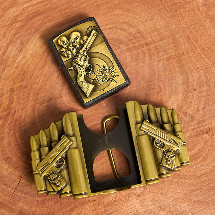 Men's DIY Bronze Gun & Skull Pattern Leather Belt with Hidden Lighter - image 4