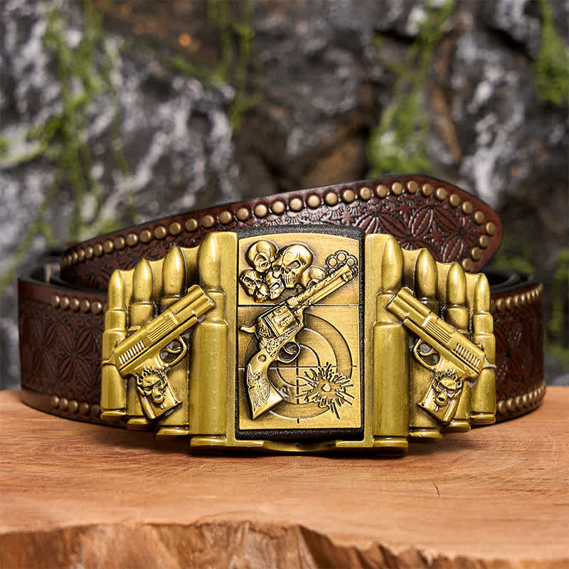 Men's DIY Bronze Gun & Skull Pattern Leather Belt with Hidden Lighter -  Gun & Skull - Brown Rivet Belt - 42 - image 7
