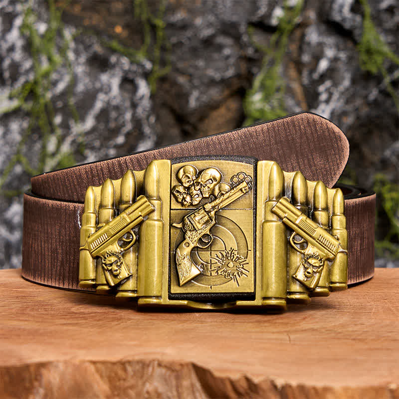 Men's DIY Bronze Gun & Skull Pattern Leather Belt with Hidden Lighter -  Gun & Skull - Brown Distressed Belt - 42 - image 9