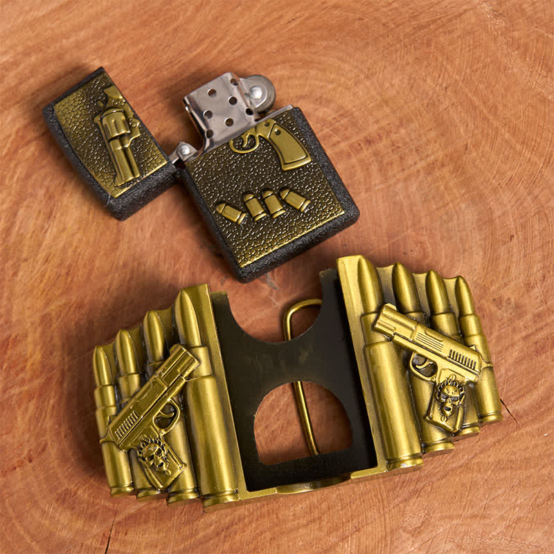 Men's DIY Bronze Loaded Gun Pattern Leather Belt With Hidden Lighter - image 6