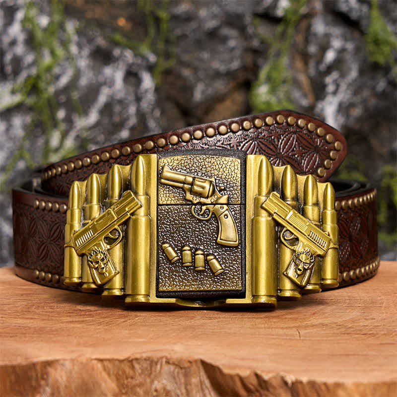 Men's DIY Bronze Loaded Gun Pattern Leather Belt With Hidden Lighter -  Gun - Brown Rivet Belt - 42 - image 8