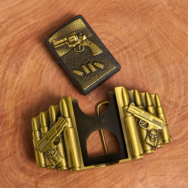 Men's DIY Bronze Loaded Gun Pattern Leather Belt With Hidden Lighter - image 4