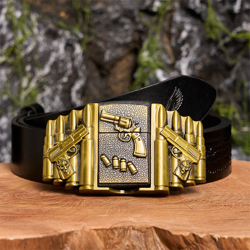 Men's DIY Bronze Loaded Gun Pattern Leather Belt With Hidden Lighter -  Gun - Black Embossed Eagle Belt - 42 - image 2