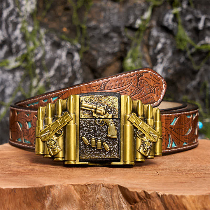 Men's DIY Bronze Loaded Gun Pattern Leather Belt With Hidden Lighter -  Gun - Turquoise Carved Belt - 42 - image 6