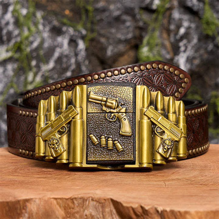 Men's DIY Bronze Loaded Gun Pattern Leather Belt With Hidden Lighter -  Gun - Brown Rivet Belt - 42 - image 7