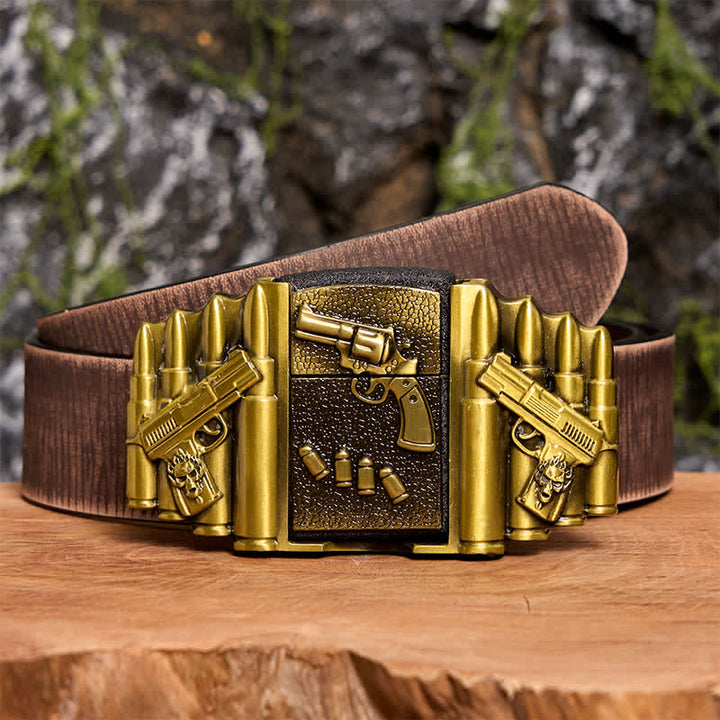 Men's DIY Bronze Loaded Gun Pattern Leather Belt With Hidden Lighter -  Gun - Brown Distressed Belt - 42 - image 8
