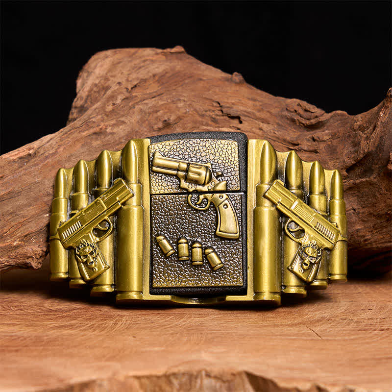 Men's DIY Bronze Loaded Gun Pattern Leather Belt With Hidden Lighter -  Gun - Without Belt - Not Included Belt - image 0