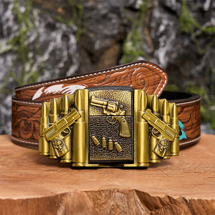 Men's DIY Bronze Loaded Gun Pattern Leather Belt With Hidden Lighter -  Gun - Brown Feather Belt - 40 - image 11