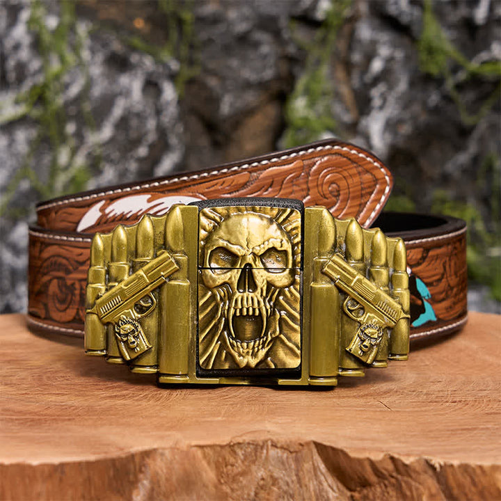 Men's DIY Bronze Scary Skull Head Leather Belt With Hidden Lighter - Skull Head - Brown Feather Belt - 40 - image 10