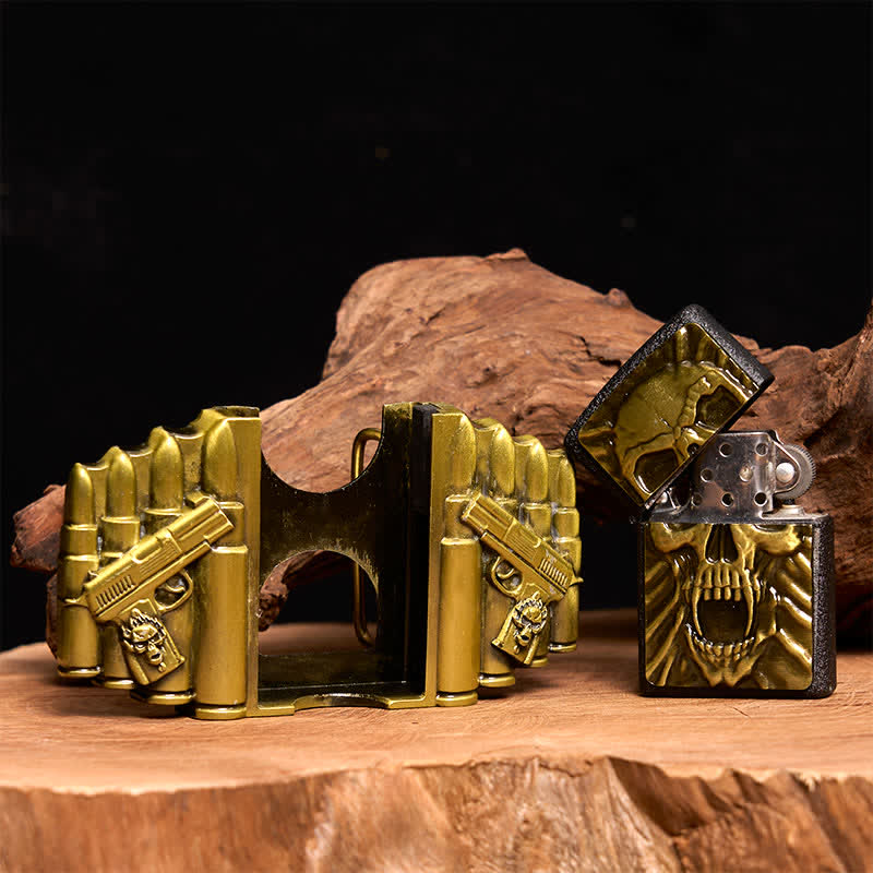 Men's DIY Bronze Scary Skull Head Leather Belt With Hidden Lighter - image 1