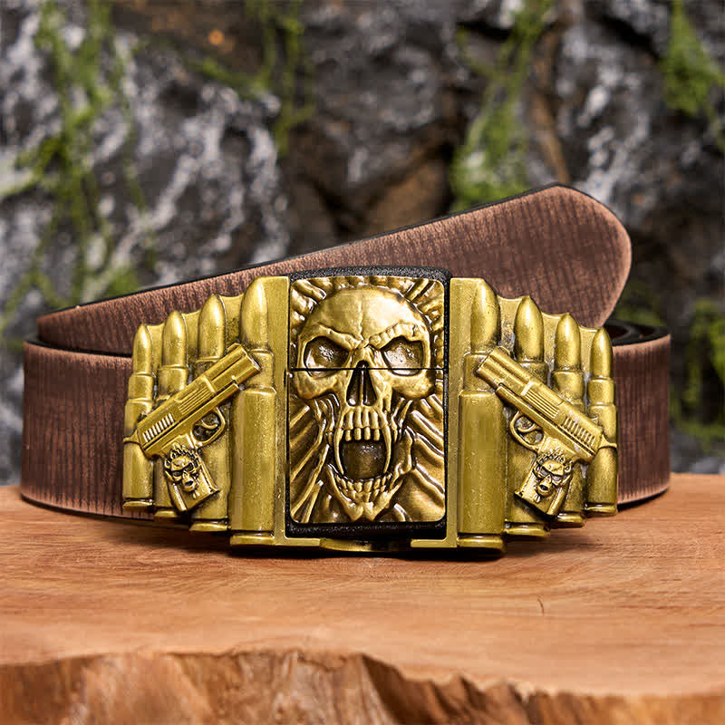 Men's DIY Bronze Scary Skull Head Leather Belt With Hidden Lighter - Skull Head - Brown Distressed Belt - 42 - image 8
