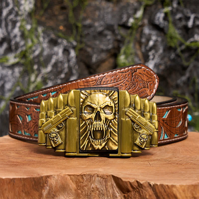 Men's DIY Bronze Scary Skull Head Leather Belt With Hidden Lighter - Skull Head - Turquoise Carved Belt - 42 - image 7