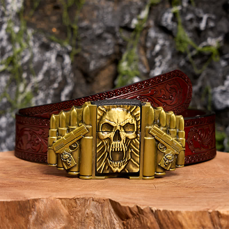 Men's DIY Bronze Scary Skull Head Leather Belt With Hidden Lighter - Skull Head - Brown Carved Belt - 42 - image 9