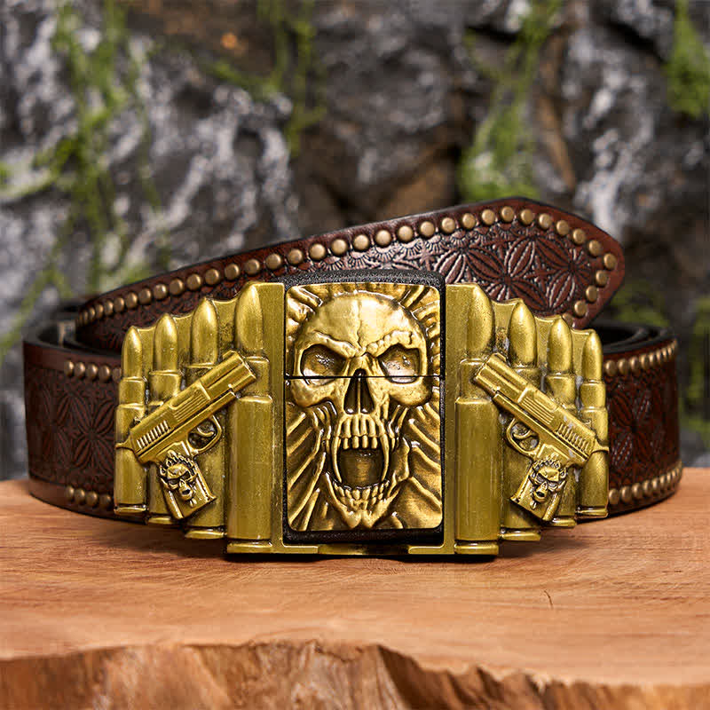 Men's DIY Bronze Scary Skull Head Leather Belt With Hidden Lighter - Skull Head - Brown Rivet Belt - 42 - image 8