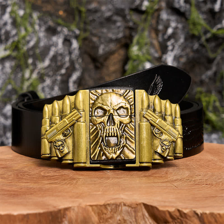 Men's DIY Bronze Scary Skull Head Leather Belt With Hidden Lighter - Skull Head - Black Embossed Eagle Belt - 42 - image 3
