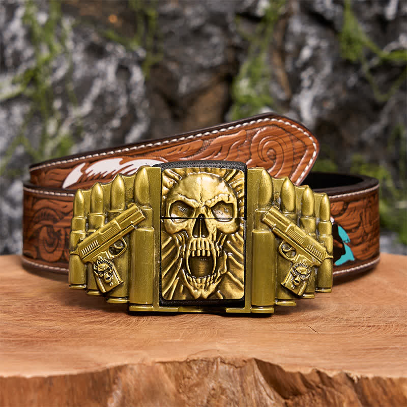 Men's DIY Bronze Scary Skull Head Leather Belt With Hidden Lighter - Skull Head - Brown Feather Belt - 40 - image 10