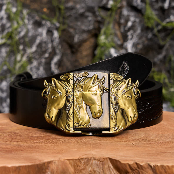 Men's DIY Bronze Triple Horses Leather Belt With Hidden Lighter - Triple Horses - Black Embossed Eagle Belt - 42 - image 3