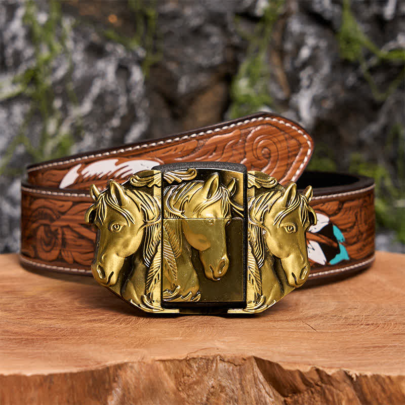 Men's DIY Bronze Triple Horses Leather Belt With Hidden Lighter - Triple Horses - Brown Feather Belt - 40 - image 10