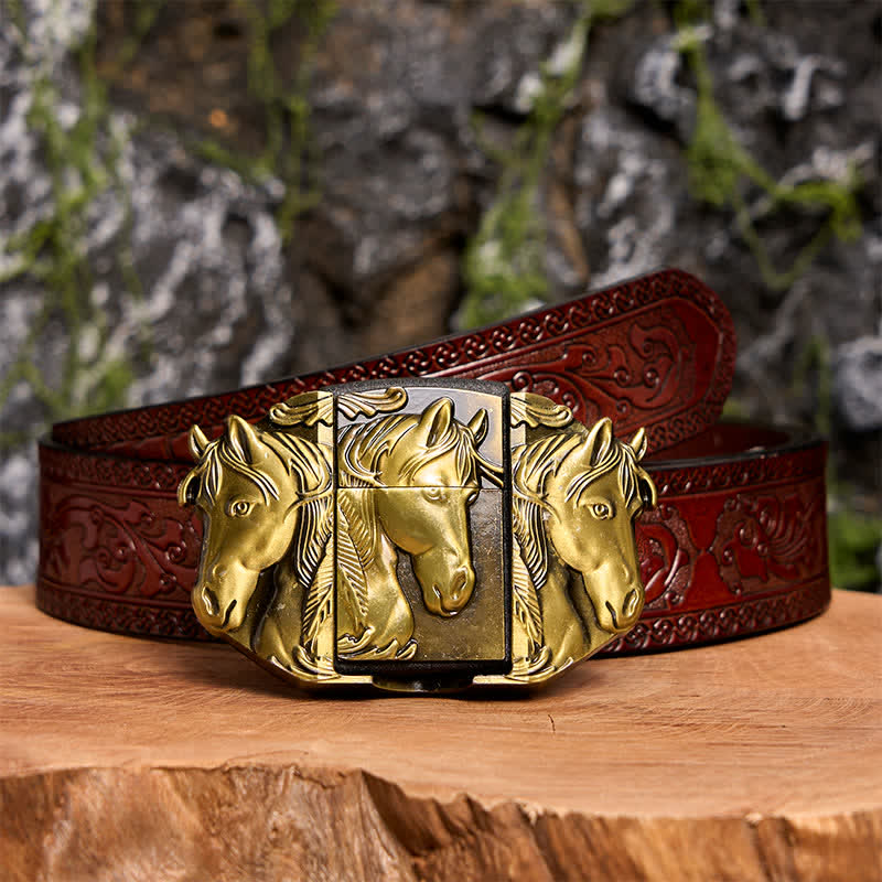Men's DIY Bronze Triple Horses Leather Belt With Hidden Lighter - Triple Horses - Brown Carved Belt - 42 - image 9
