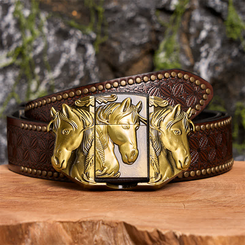 Men's DIY Bronze Triple Horses Leather Belt With Hidden Lighter - Triple Horses - Brown Rivet Belt - 42 - image 7