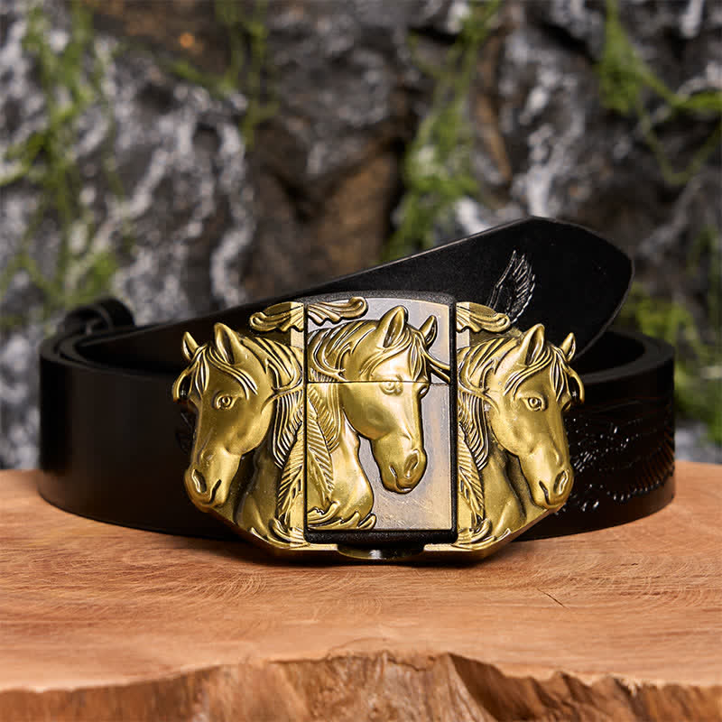 Men's DIY Bronze Triple Horses Leather Belt With Hidden Lighter - Triple Horses - Black Embossed Eagle Belt - 42 - image 2